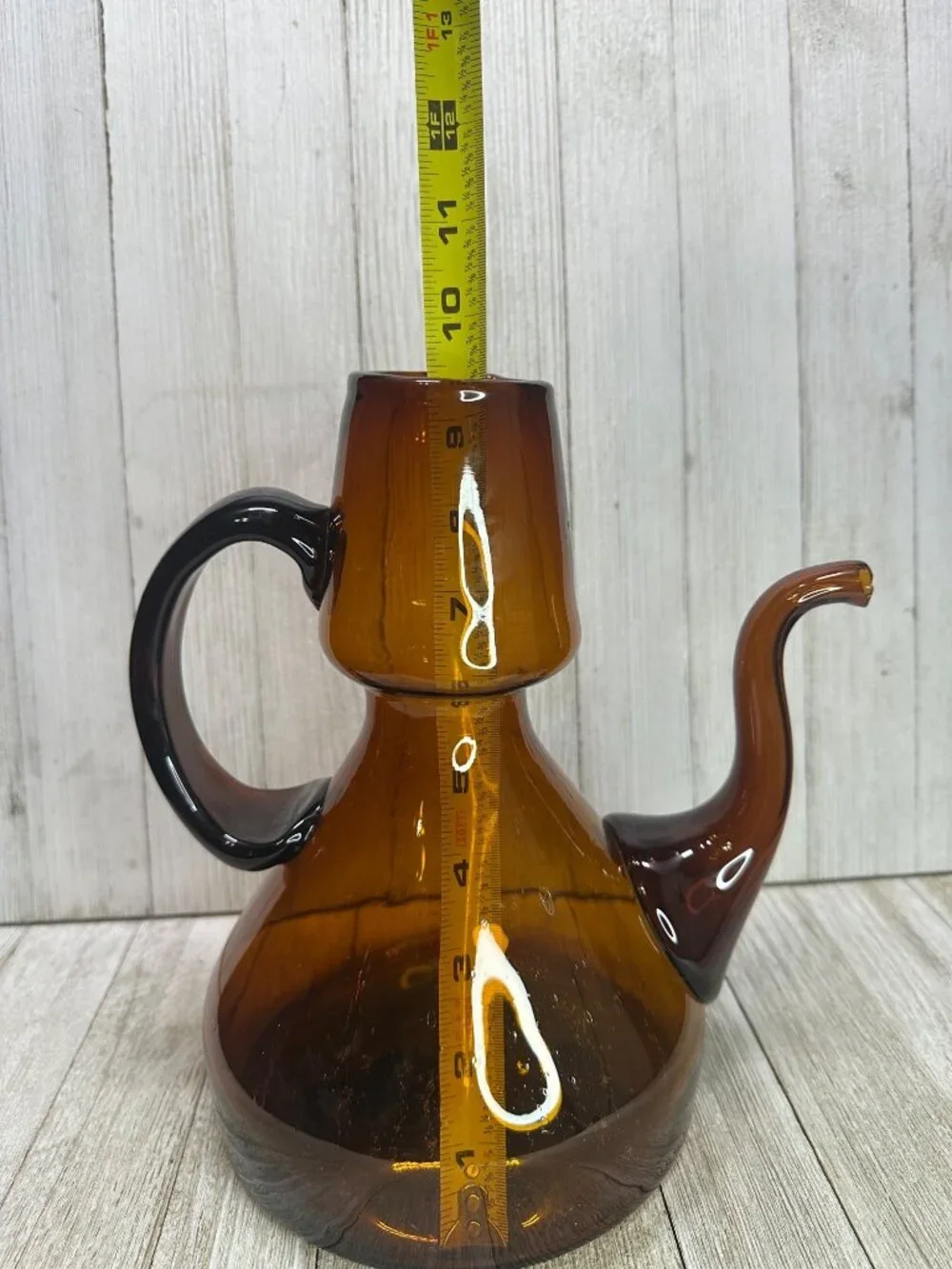 Vtg Amber Blown Glass Tea Pot with Handle 9